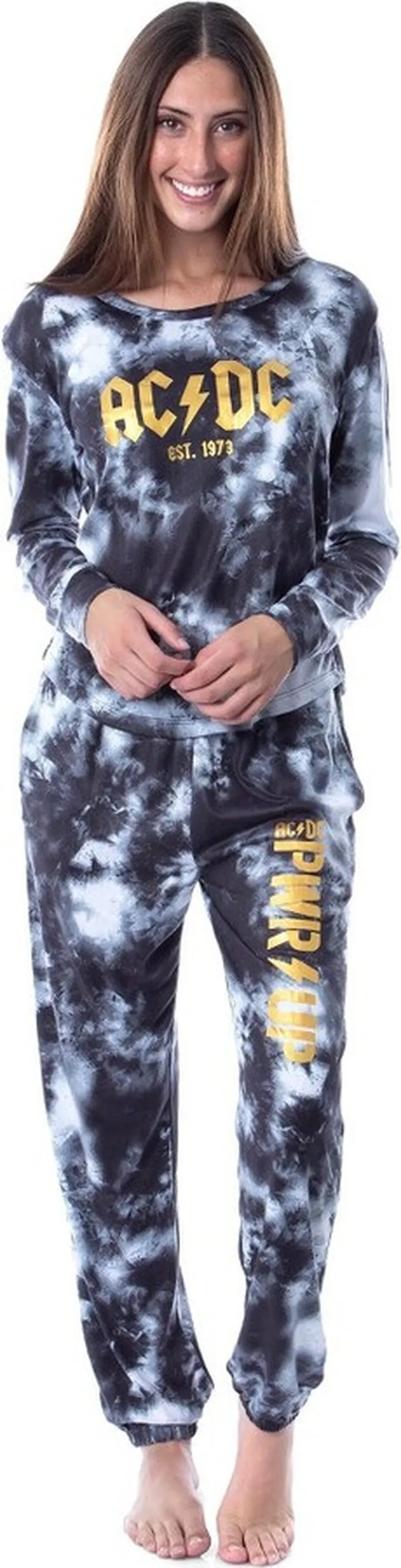 ACDC 1973 Logo Long Sleeve Womens' Rock Band Tie Dye Lounge Jogger PJ Set XS Black