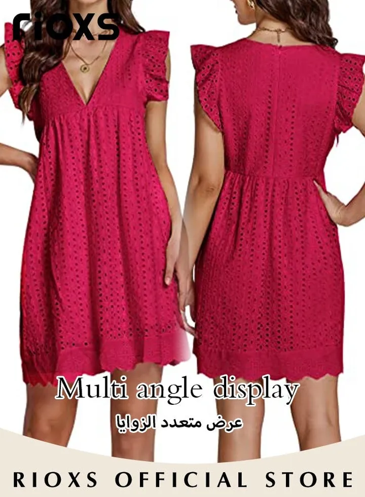 Women's Summer Casual V-Neck Dress Lace Sleeveless Dress Ruffle Dress