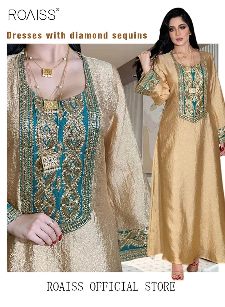 Women Luxury Gold Embroidered Robe Maxi Dresses Stylish Abaya Square Collar Dress Middle East Arabic Banquet Wedding Party Dress Women's Festival Clothing Gold
