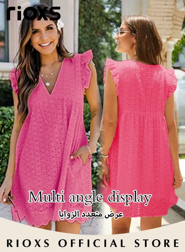 Women's Summer Casual V-Neck Dress Lace Sleeveless Dress Ruffle Dress