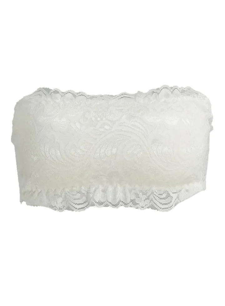 Lace Wireless Padded Strapless Bra Crop Top White