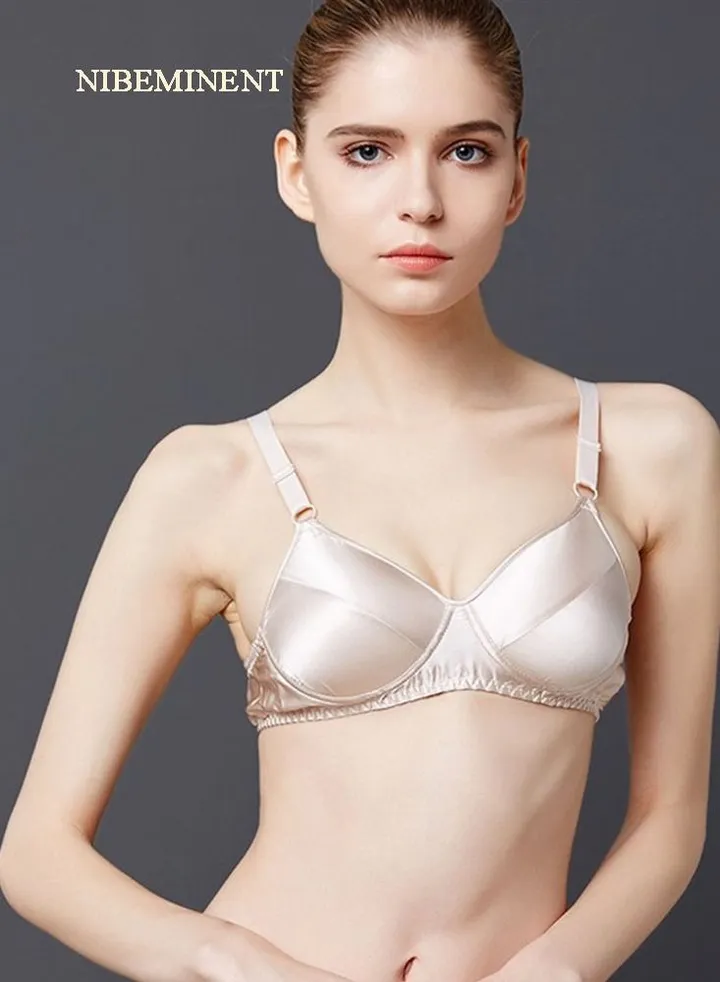 Solid Color Ultra Thin Lace Bra with No Steel Ring Mulberry Silk Full Cup Women's Underwear Beige