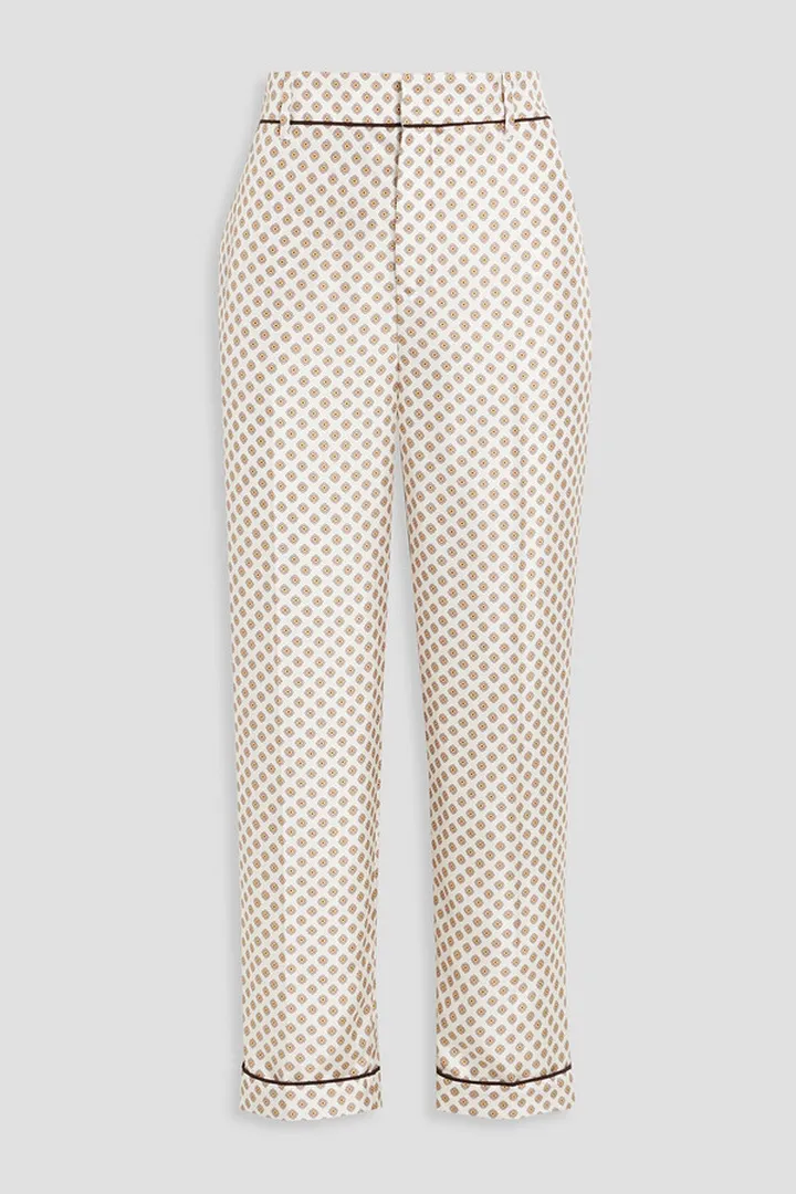 Cropped printed silk-twill straight-leg pants