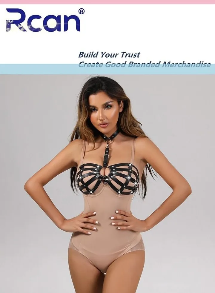 Lingerie for Women's PU Leather Body Hanging Neck Tight Bra Punk Studs Corset Cutout Belt Underwear