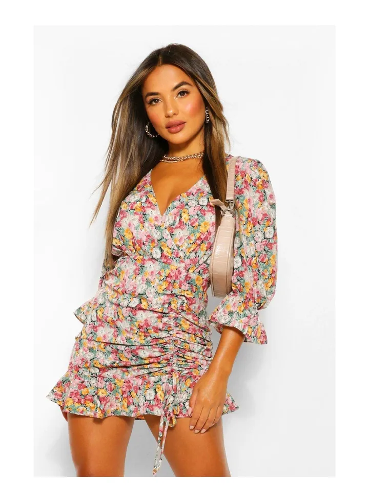 Petite Floral Ruched Wrap Dress