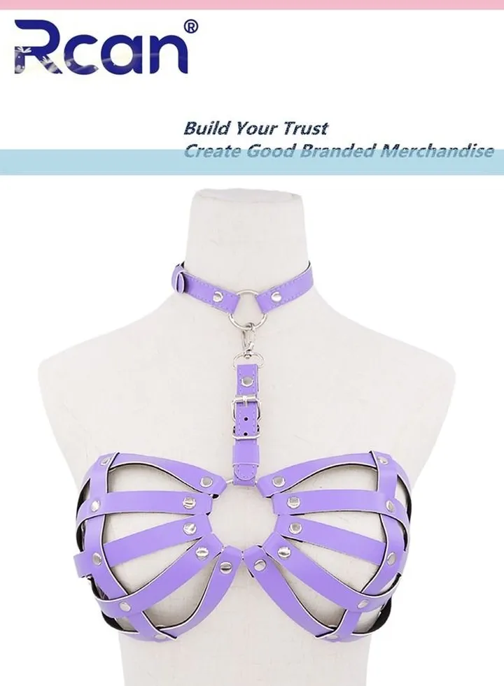 Lingerie for Women's PU Leather Body Hanging Neck Tight Bra Punk Studs Corset Cutout Belt Underwear 