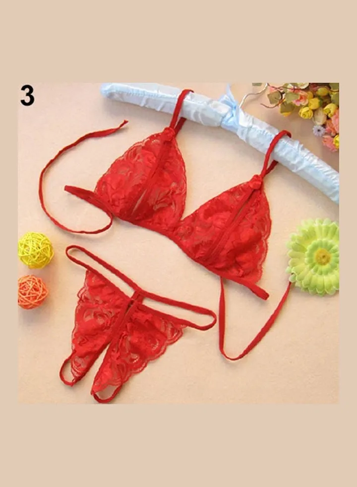Women's Transparent Lace Bra Slim G-String Fashion Underwear Sleepwear Red