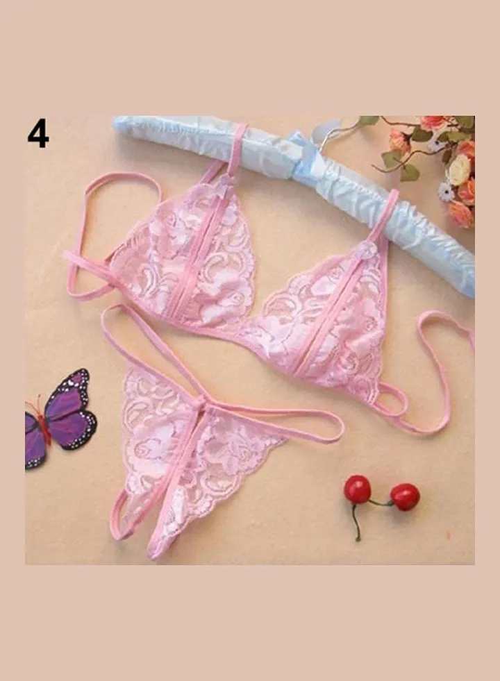 Women's Transparent Lace Bra Slim G-String Fashion Underwear Sleepwear Pink