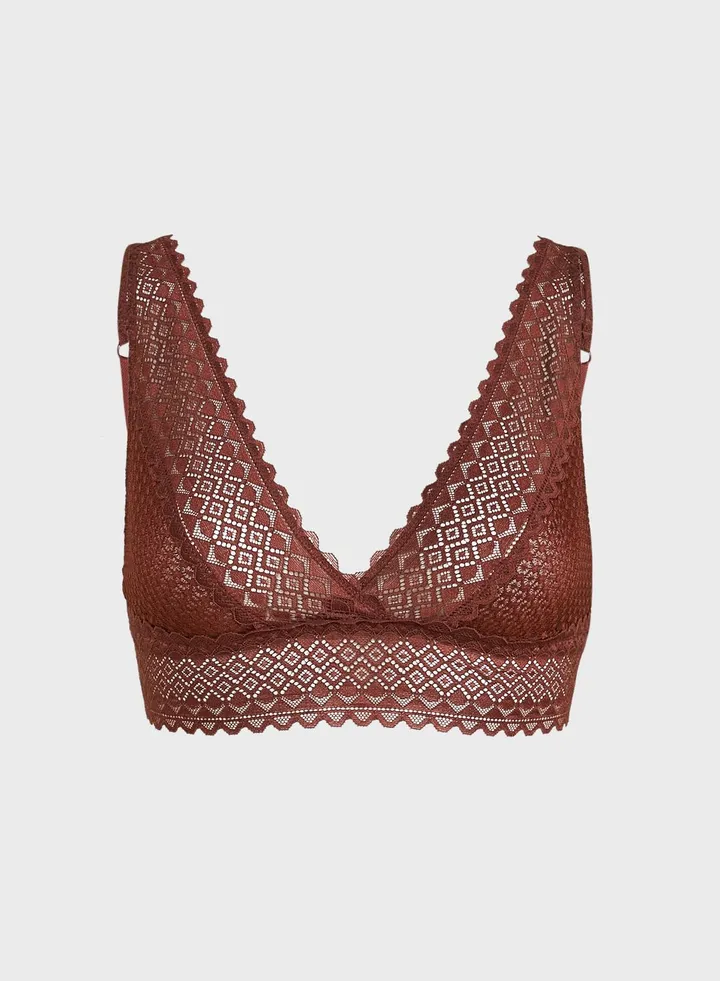 Lace Detail Plunge Bra Brown