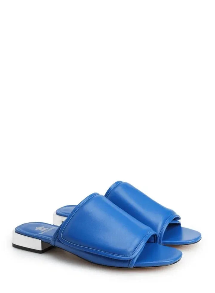 Women's Leather Kitten Flip Flop Clogs Metallized Heel Blue