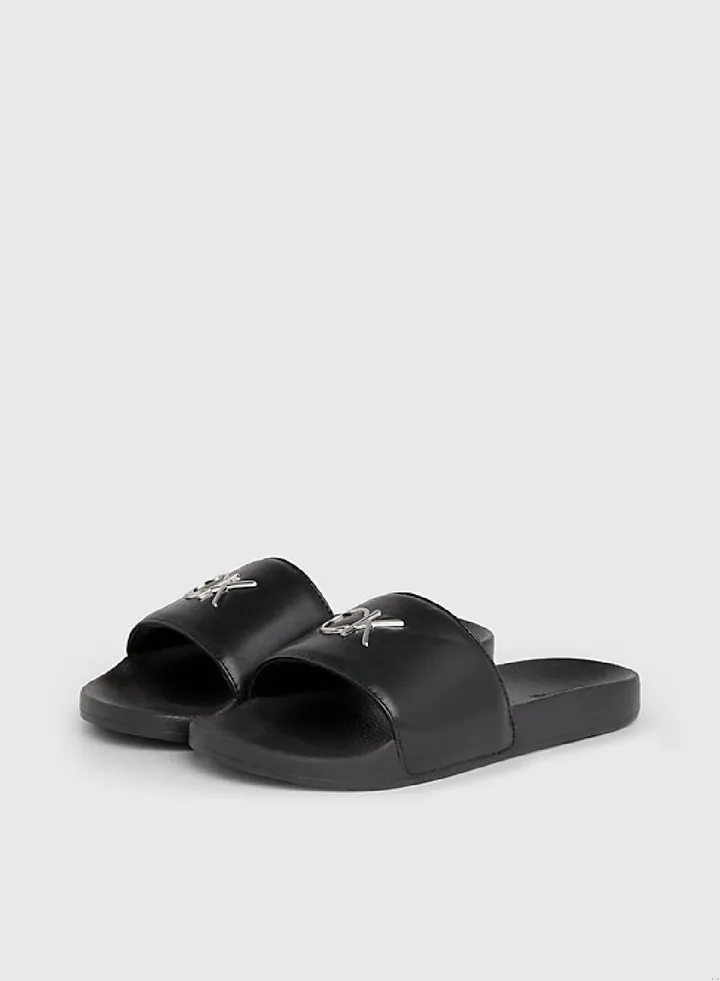 Women's Logo Sliders - recycled blend faux leather upper, Black