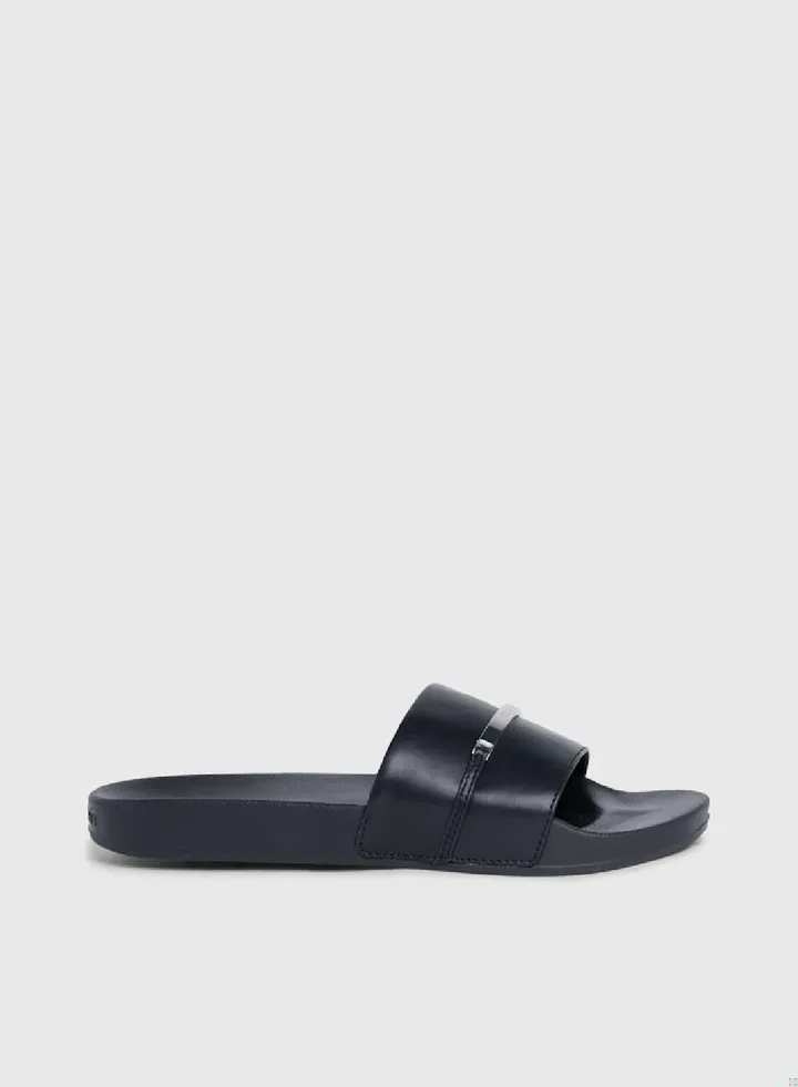 Women's Faux Leather Sliders - smooth faux leather upper, Black