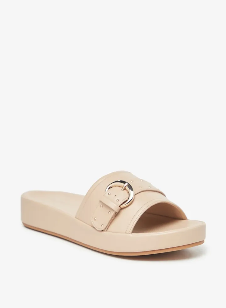 Womens Buckle Embellished Slide Sandals