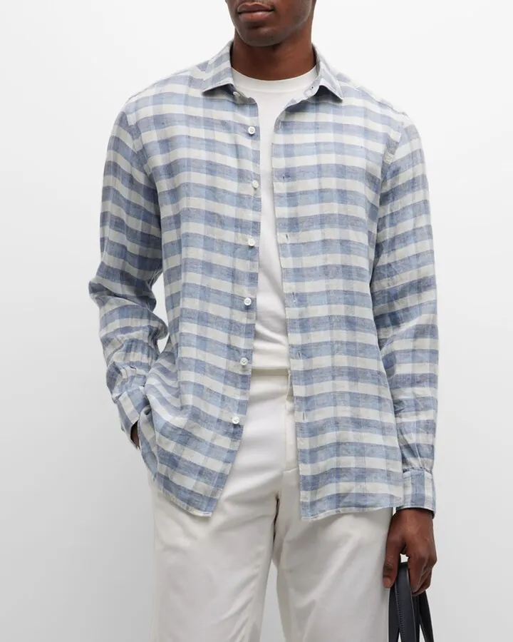 Men's Cotton-Linen Check Sport Shirt