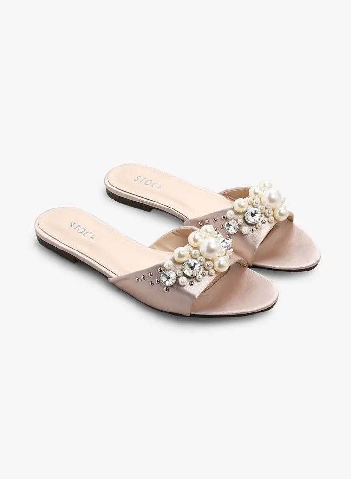 Embellished Slides Sandal Beige