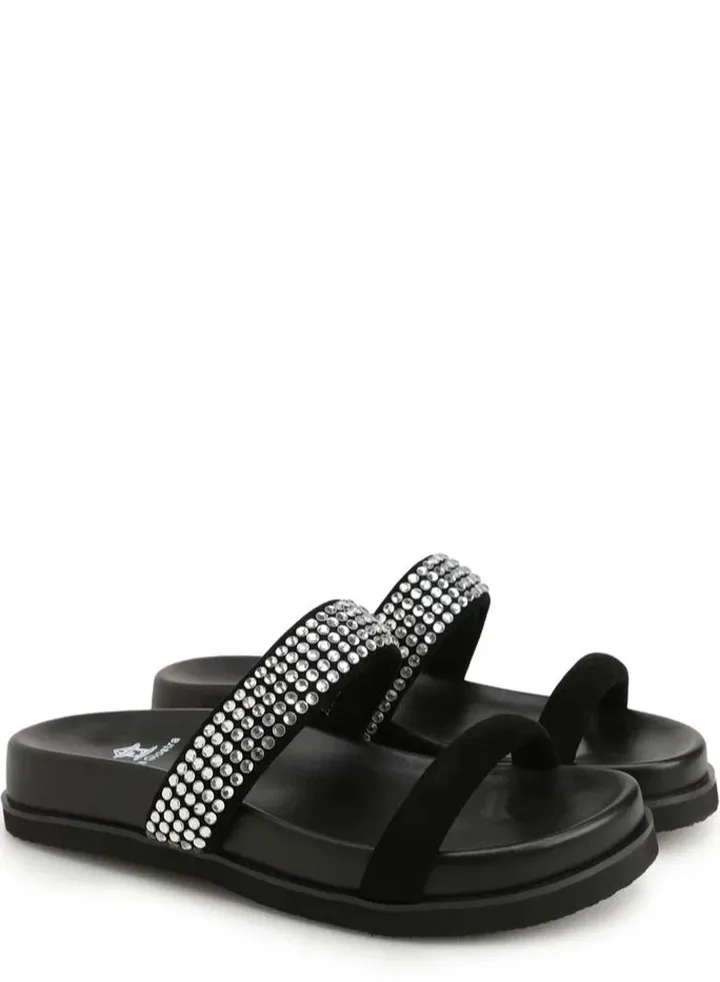 Women's Suede Platform Flip Flop Clogs Decoration with Rhinestone Black