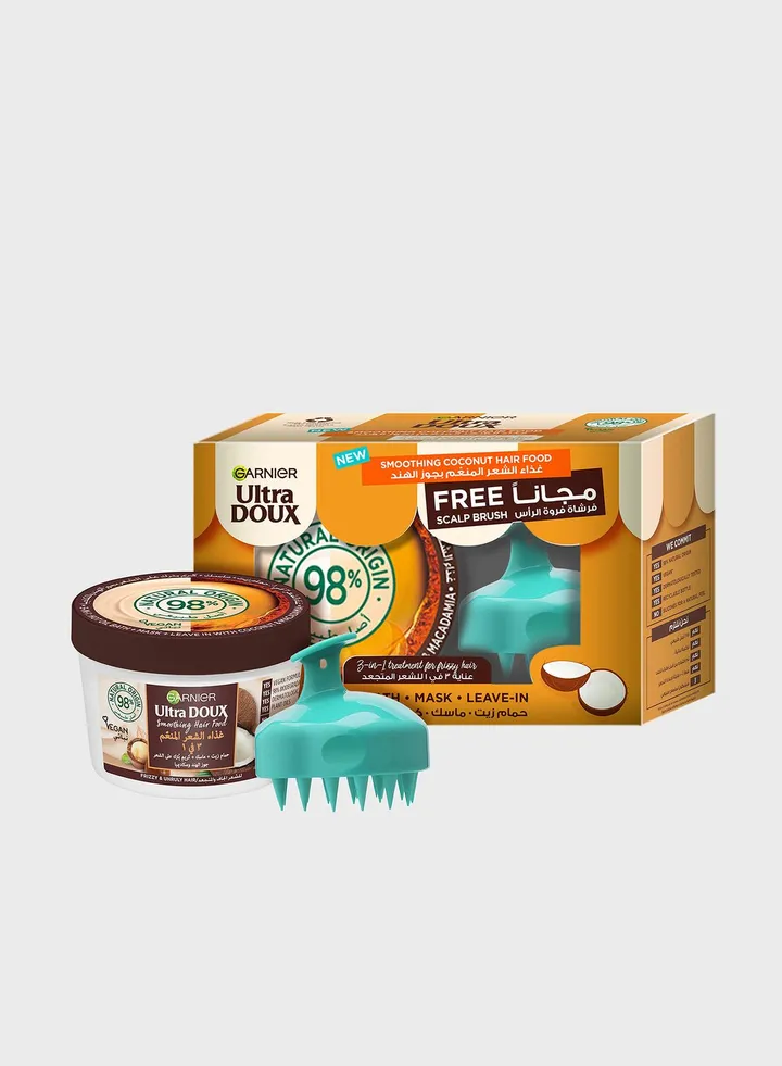 Ultra Doux Smoothing Coconut 3-in-1 Hair Food For Frizzy Hair 390ml + FREE Scalp Brush