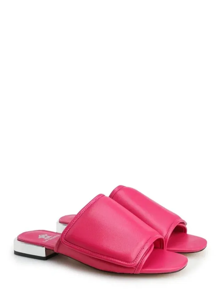 Women's Leather Kitten Flip Flop Clogs Metallized Heel Pink