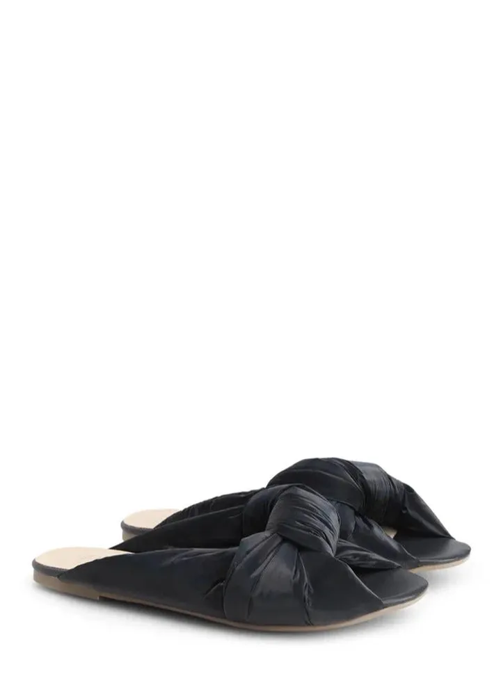 Women's Leather Flat Slippers Open Toe Black