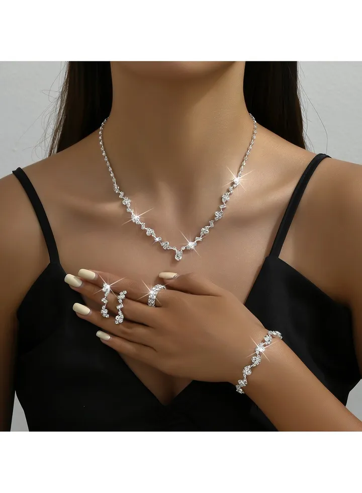 4Pcs Jewelry Set With Necklace Bracelet and Earrings, Full Rhinestone V Neck Necklace and Crystal Earrings, Party Wedding dress Accessories, Bridal Bridesmaid Costume,Jewelry Set for Women and Girls