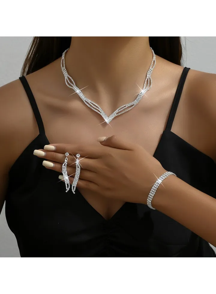 3Pcs Jewelry Set With Necklace Bracelet and Earrings, Full Rhinestone V Neck Necklace and Crystal Earrings, Party Wedding dress Accessories, Bridal Bridesmaid Costume,Jewelry Set for Women and Girls