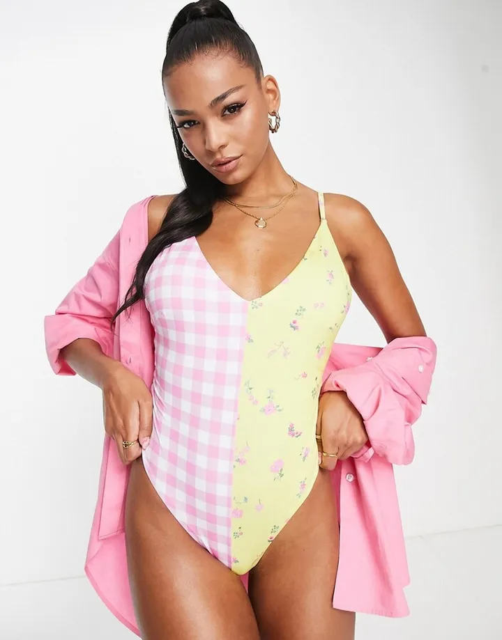 ASOS DESIGN spliced swimsuit in mixed floral and gingham print