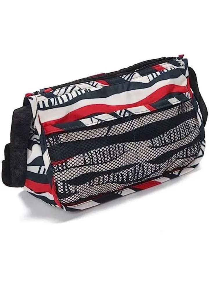 Cosmetic bag for women, cute print, multi-pocket makeup organizer, expandable with handles, water-resistant, camouflage (navy blue on white on red)