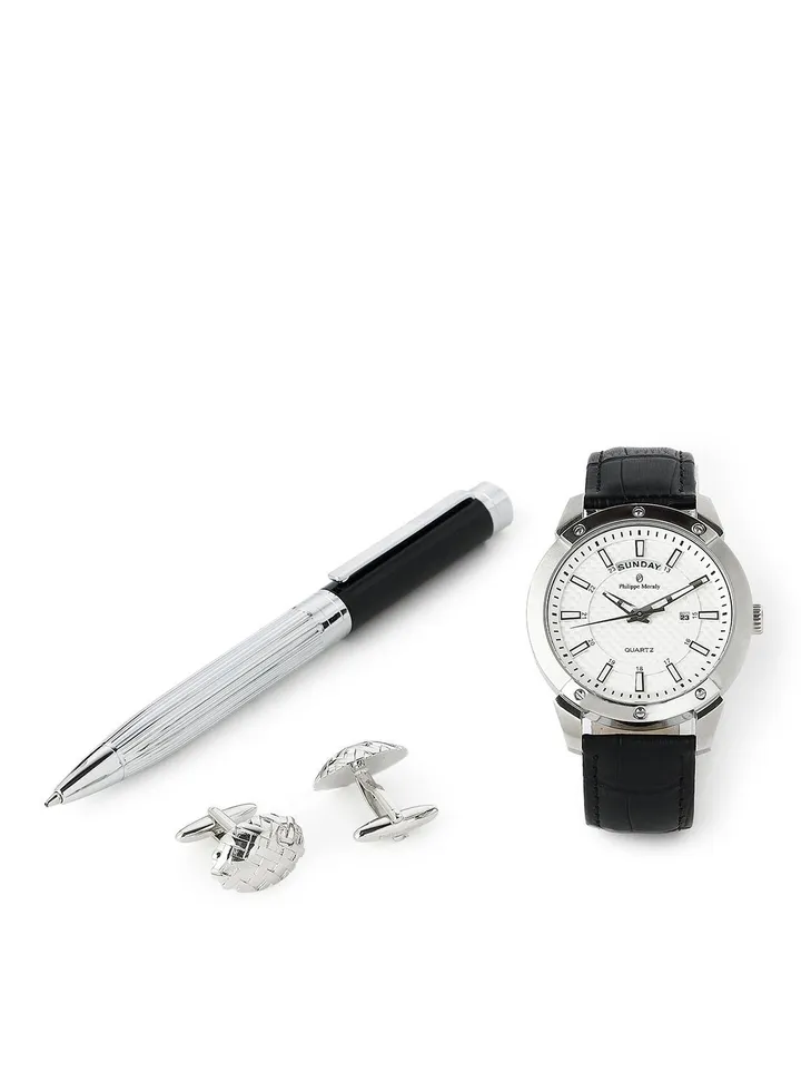 Gift set of watch pen and cufflinks 43mm black
