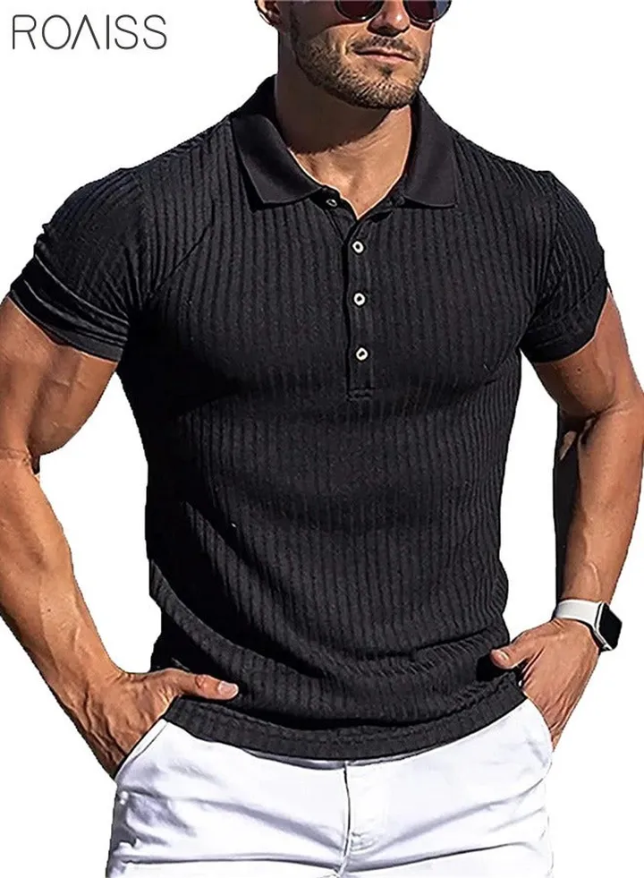 ROAISS Men's Fashion Casual Polo Shirt Sports Fitness Lapel Short Sleeve Top Vertical Stripe Button Golf T-Shirt