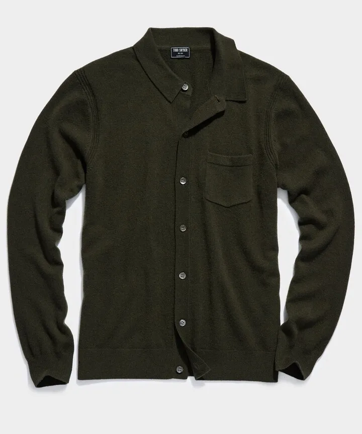 Cashmere Long-Sleeve Sweater Polo in Snyder Olive