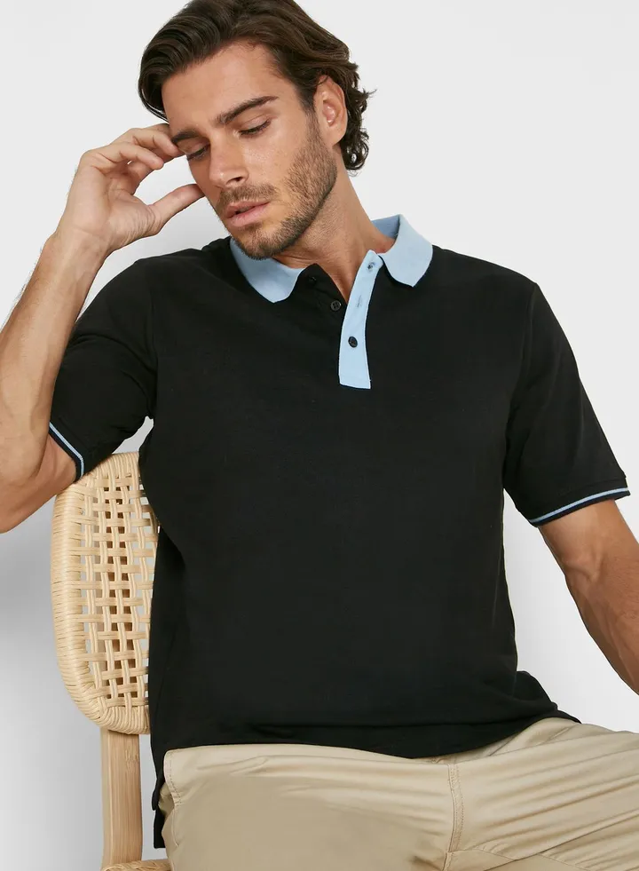 Contrast Collar Pique Polo Shirt
