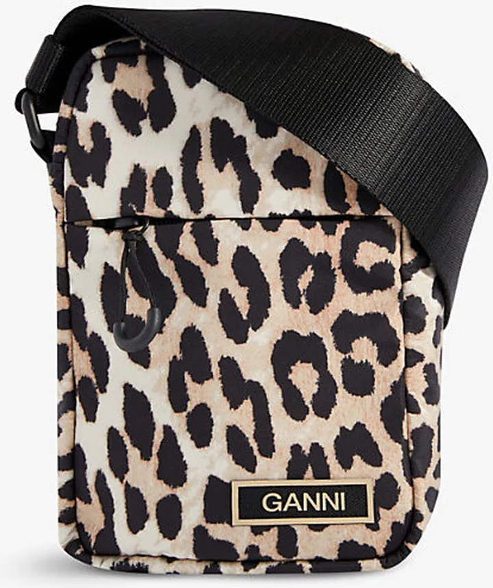 Womens Leopard Mini Festival Brand-appliqué Recycled-polyester Cross-body bag