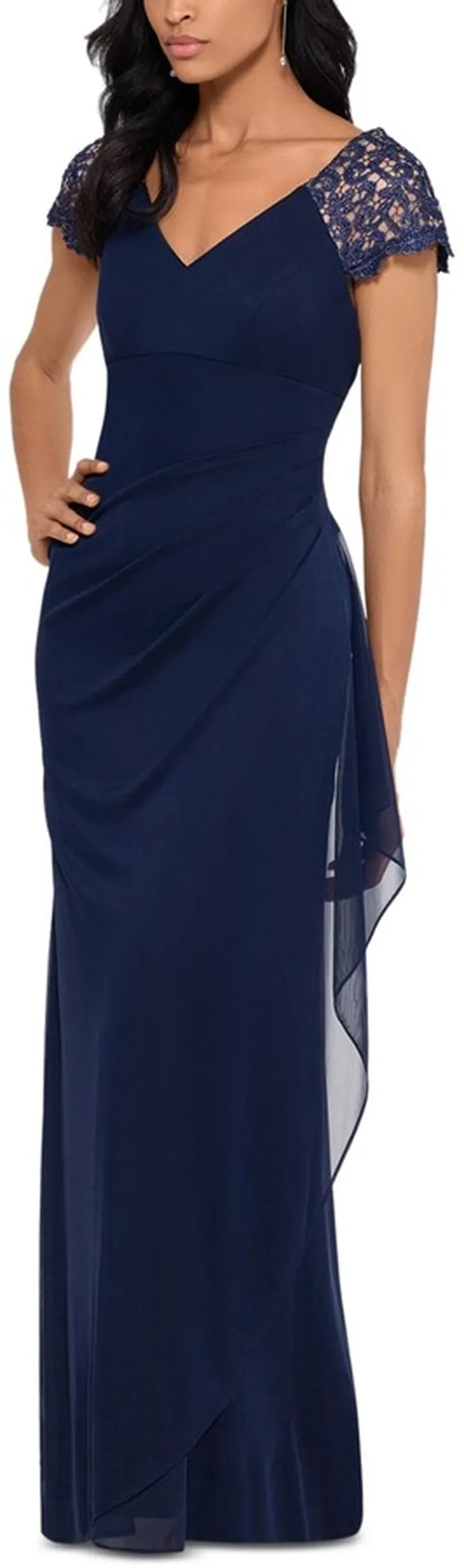 Xscape Lace-Sleeve Chiffon Gown