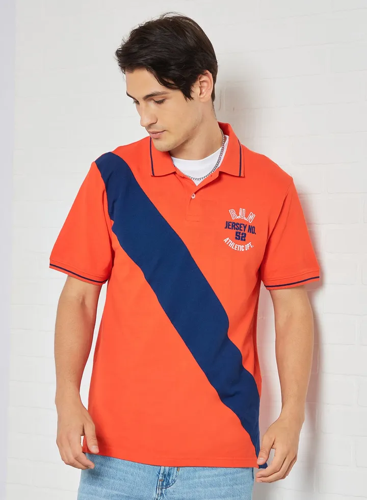 Printed Collared Neck Short Sleeve Polo T- Shirt Blue/Red
