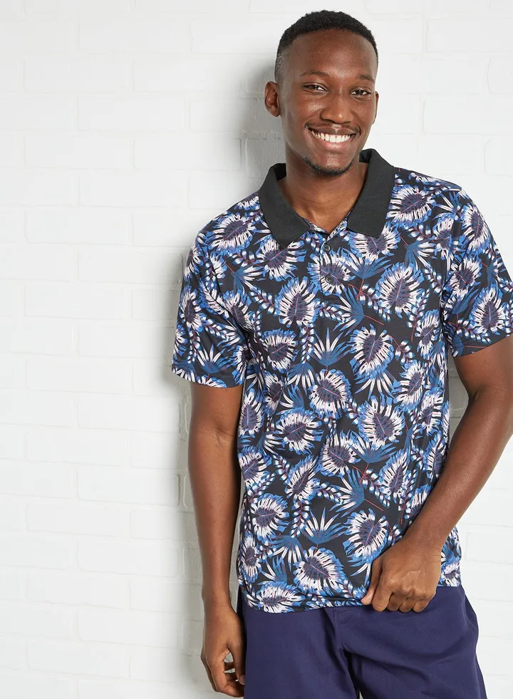 Leaf Print Polo T-Shirt Navy