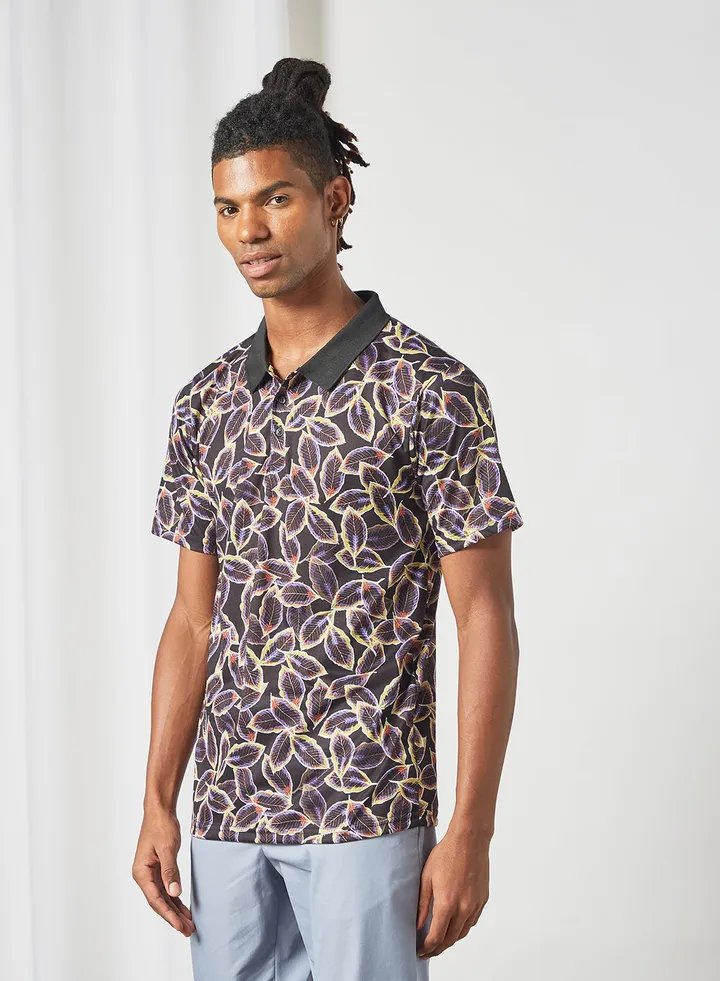 Leaf Print Polo T-Shirt Black
