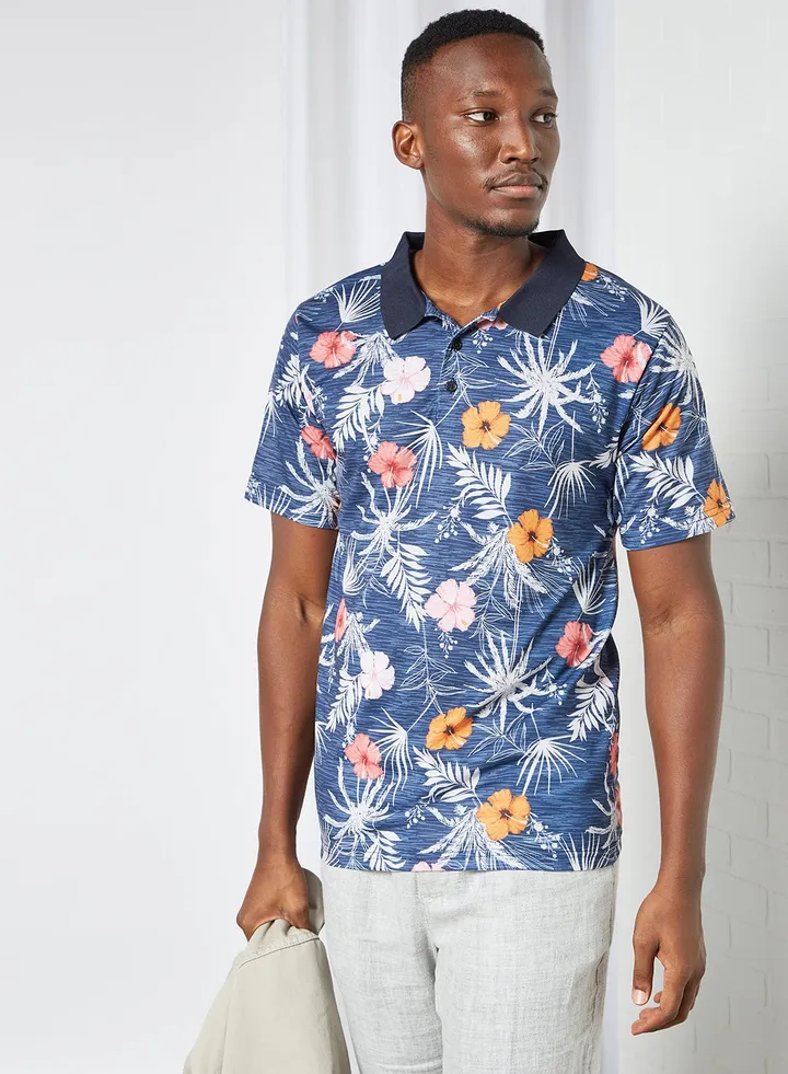 Floral Print Polo T-Shirt Blue