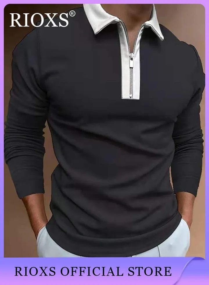 Men's Polo Shirt Long Sleeve Slim Fit Basic T-Shirt Zipper Front Golf Top