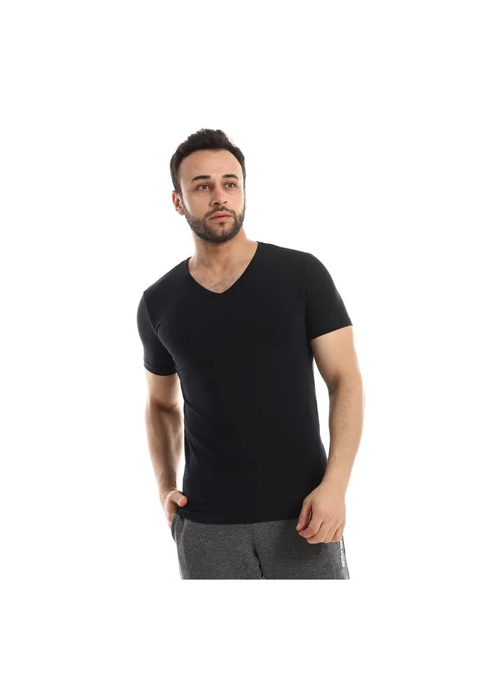 Red Cotton Short Sleeve Undershirt For Men- V Neck - Black