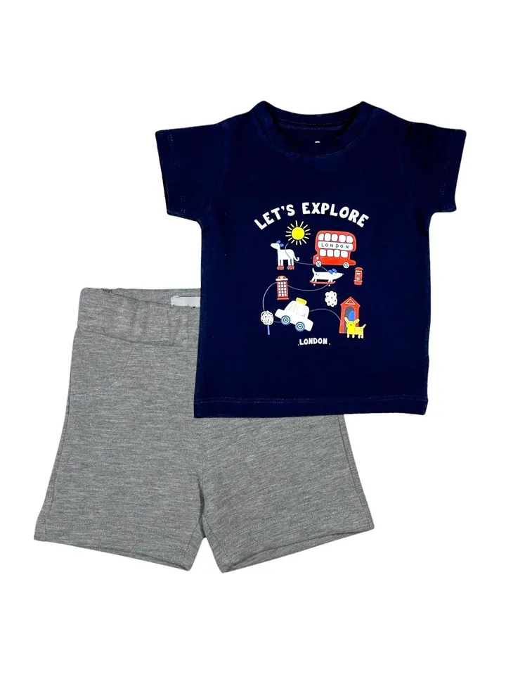Navy Let's Explore Cotton Set (Navy t-shirt + Light grey Shorts)