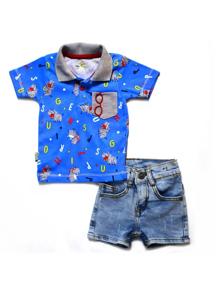 Baby Boys Polo T-shirt with 3D glasses & Denim Shorts Set