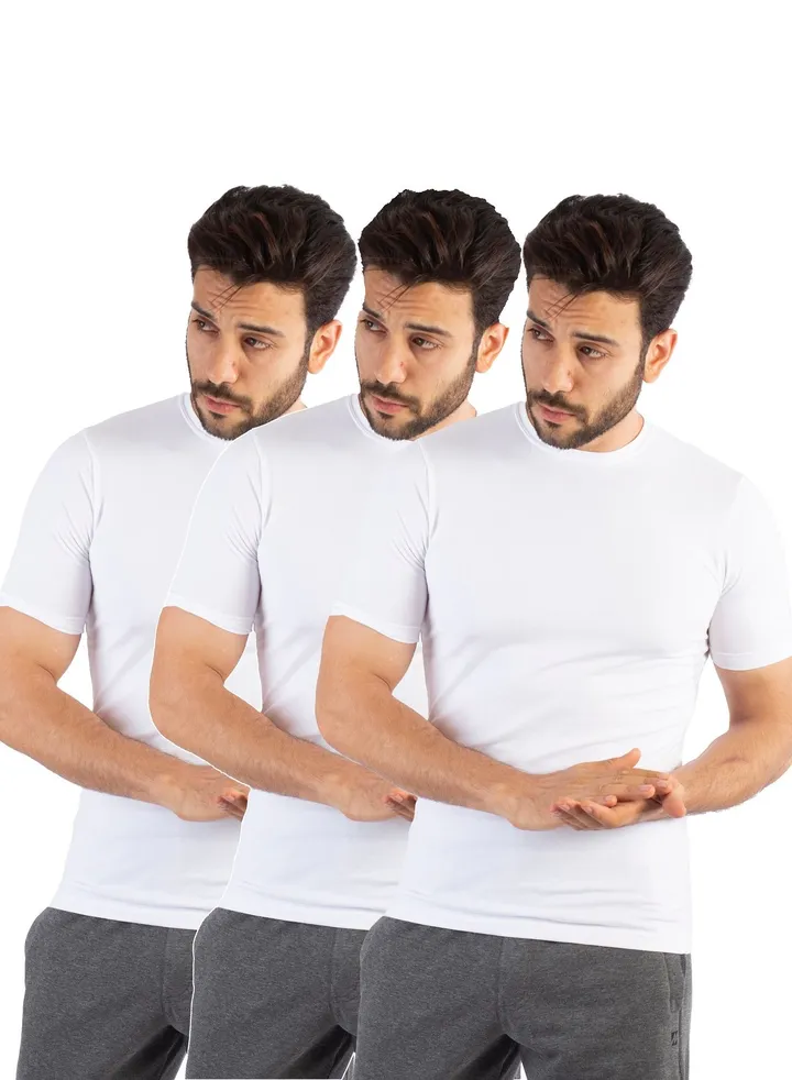 3 Pieces Men Undershirt Round Neck Half Sleeves Cotton Stretch -White