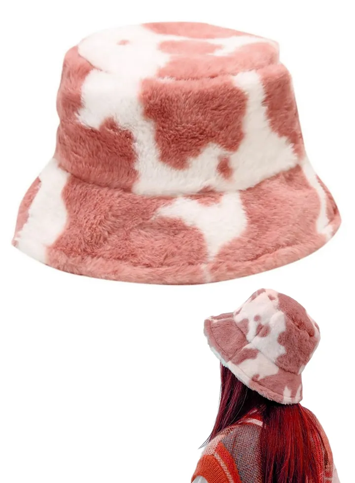 Cow patterned winter fur baded bucket hat