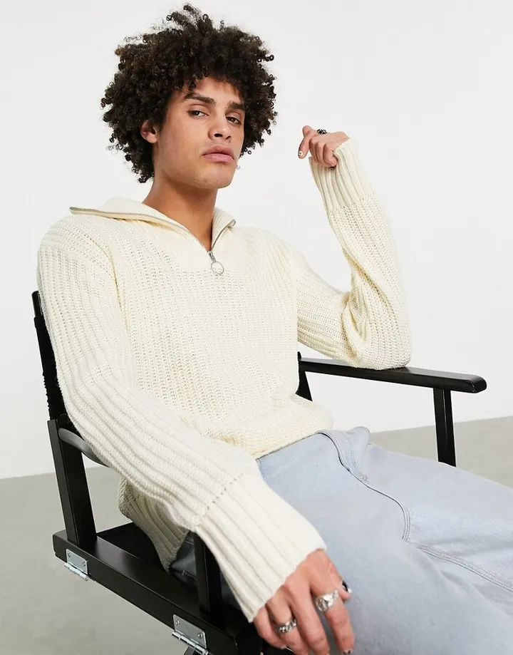 Jack & Jones Originals oversized chunky knit quarter zip sweater in off