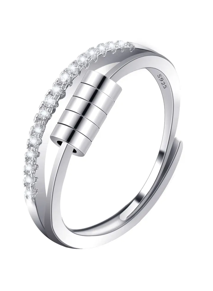 Silver Anxiety Ring for Women Men,Fidget Rings for Anxiety Stress Reliever with Beads,Adjustable Open Band Ring Size Cubic Zirconia Flower Finger Ring Spinner Thumb Rings Gift