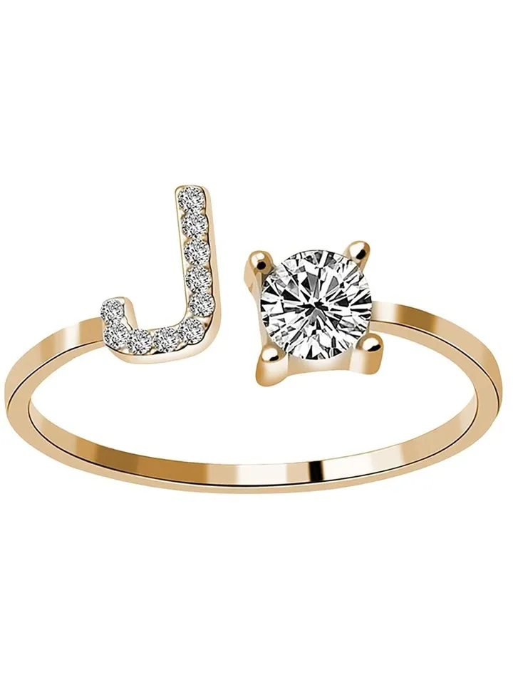 26 Letters Rhinestone Studded Zirconia Rings for Women (J, Open Adjustable)