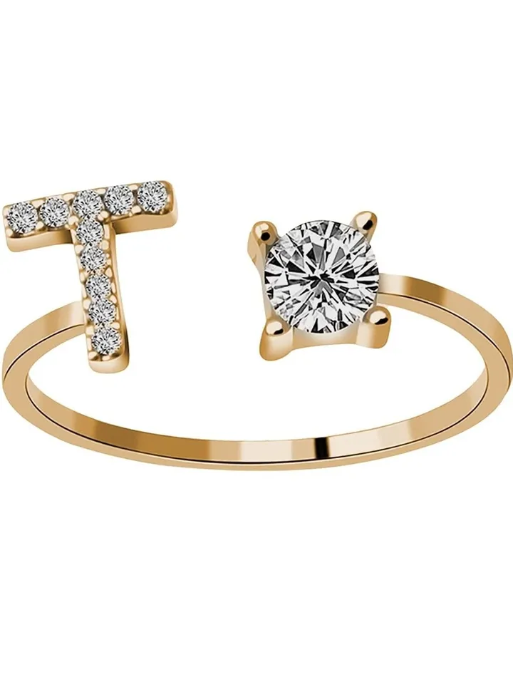 26 Letters Rhinestone Studded Zirconia Rings for Women (T, Open Adjustable)