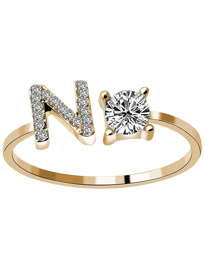 26 Letters Rhinestone Studded Zirconia Rings for Women (N, Open Adjustable)