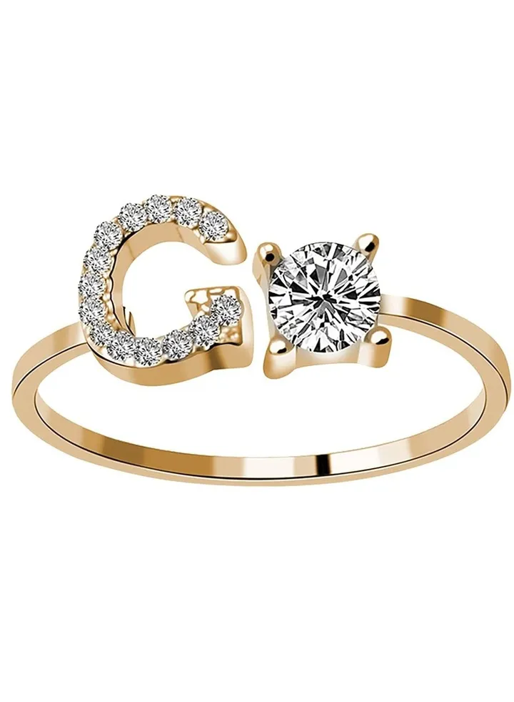 26 Letters Rhinestone Studded Zirconia Rings for Women (G, Open Adjustable)
