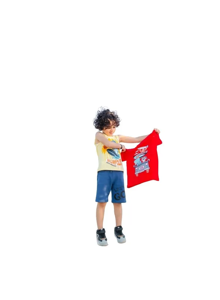 Sons kit 3 pieces yellow t -shirt, red spread and blue shorts